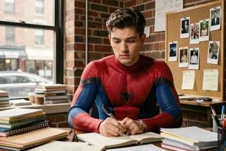Jeune homme en costume de Spider-Man assis à un bureau encombré avec des notes et un faux nom écrit dans un journal à New York