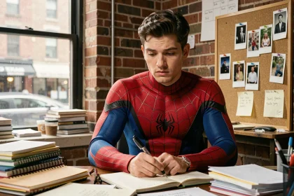 Jeune homme en costume de Spider-Man assis à un bureau encombré avec des notes et un faux nom écrit dans un journal à New York