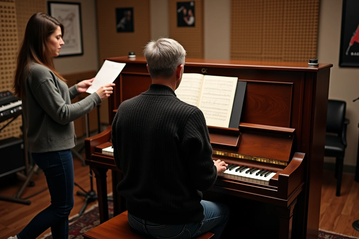 Pianiste d'une quarantaine d'années accompagnant une chanteuse dans un studio de musique avec des accords simplifiés