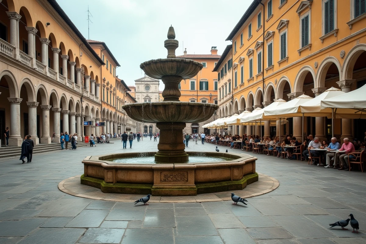 Place italienne animée avec fontaine en pierre, arcades Renaissance et terrasse de café typique