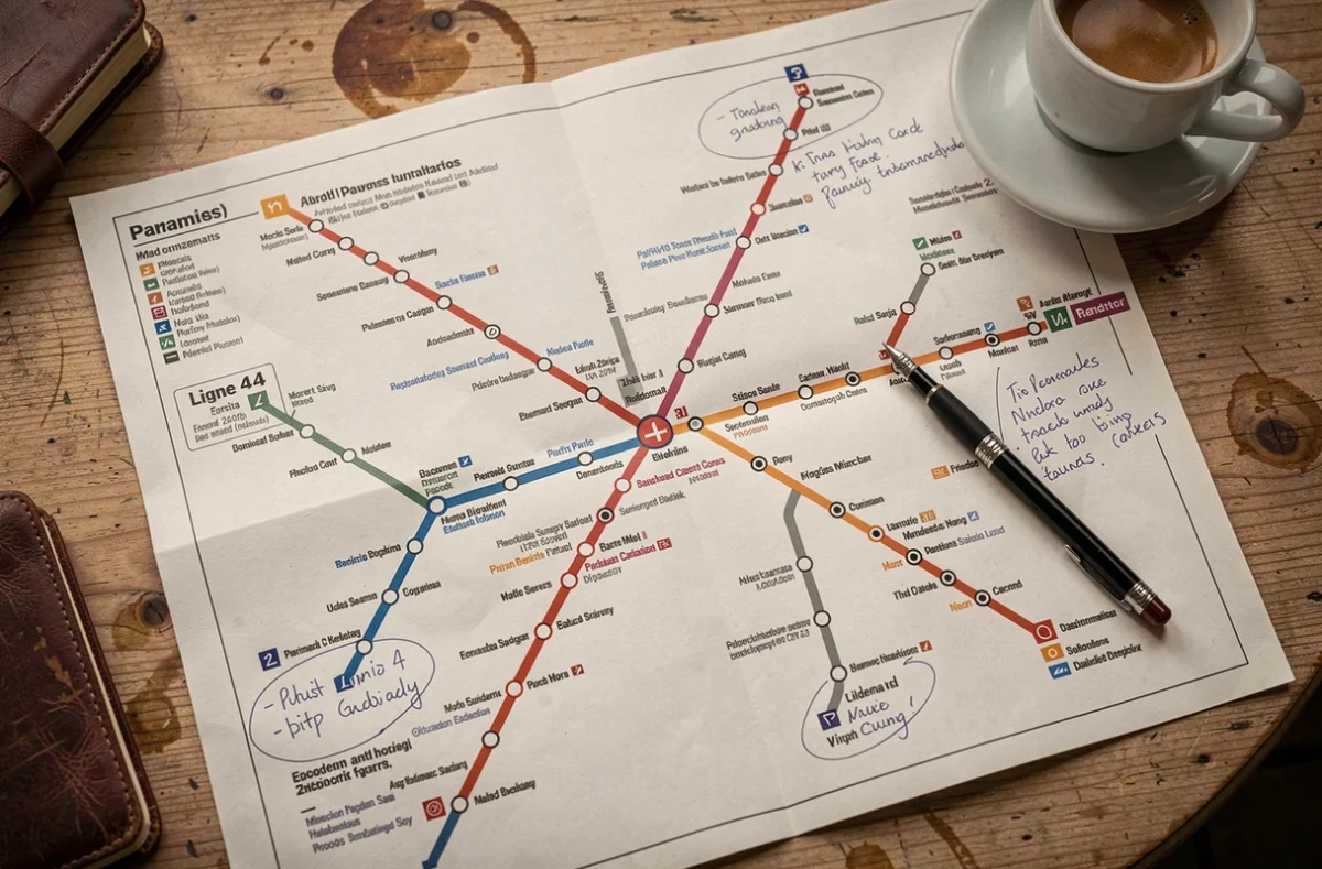 Plan détaillé du métro parisien ligne 4 ouvert sur une table de café avec annotations manuscrites