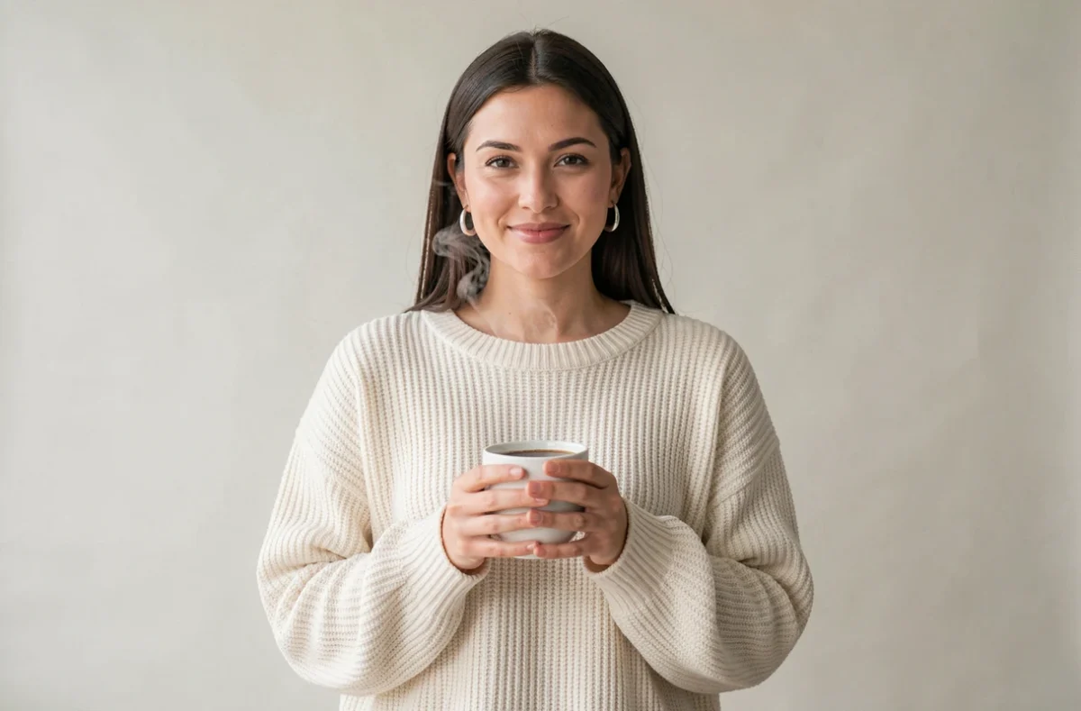 Portrait studio d'une membre féminine du groupe 3piece en pull crème tenant un café, fond blanc épuré et sourire naturel