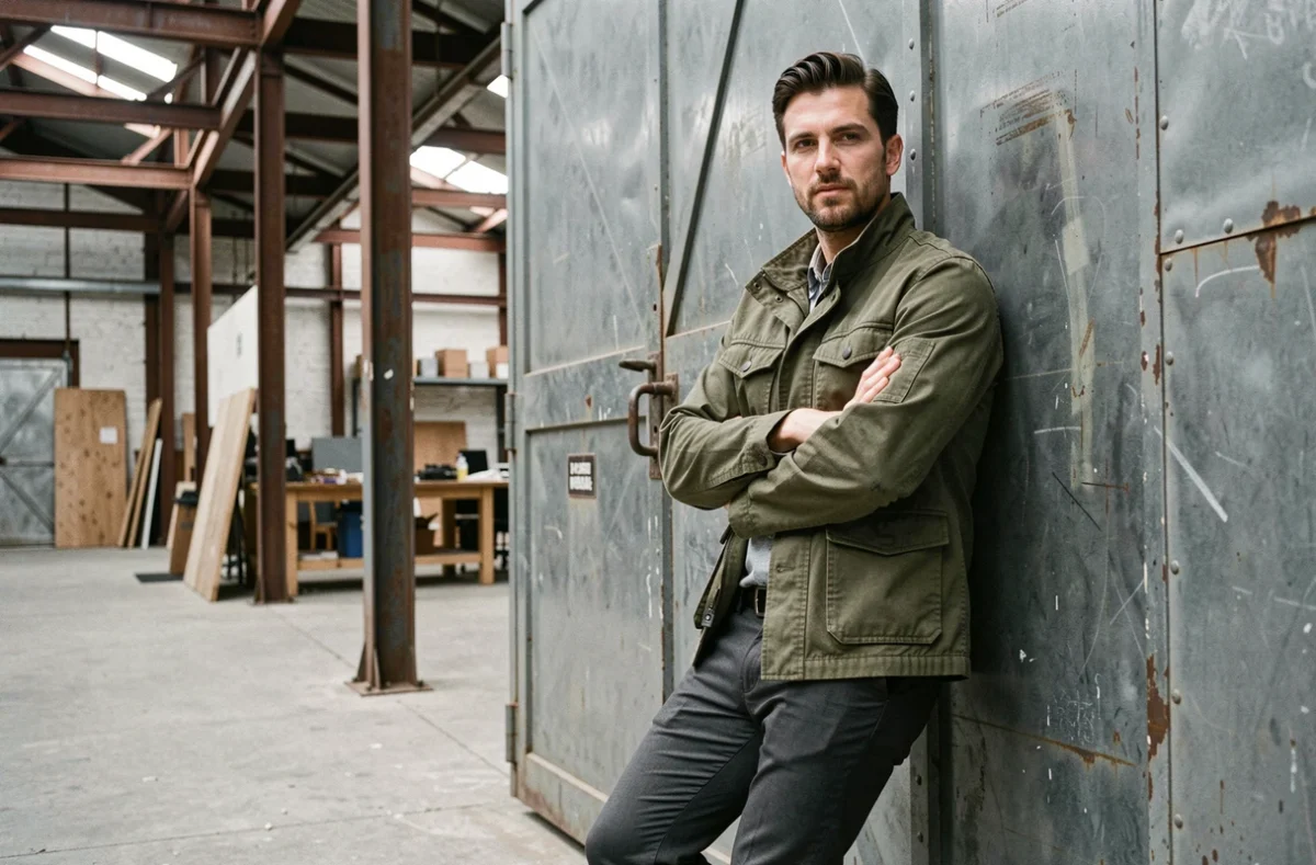 Portrait environnemental d'un membre de 3piece en veste utilitaire olive appuyé contre une porte métallique industrielle dans un entrepôt