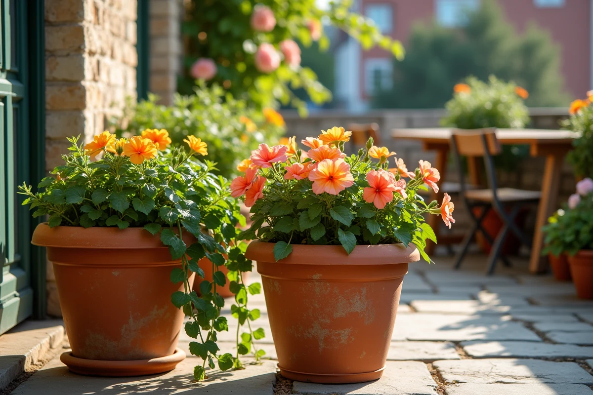 Pots en terre cuite avec pétunias et lierre sur une terrasse en pierre dans un jardin urbain