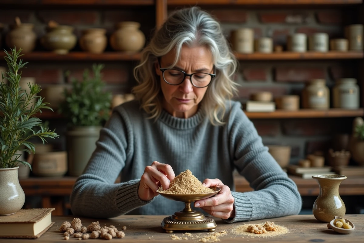 Herboriste mesurant des racines médicinales séchées sur une balance ancienne dans un laboratoire artisanal de phytothérapie