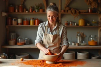 Femme préparant des pigments naturels avec un mortier en pierre pour fabriquer de la peinture naturelle maison