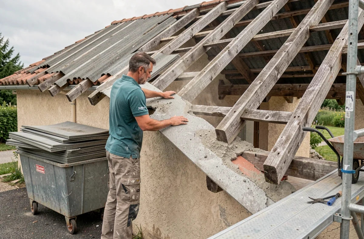 Spécialiste de Pro Renov 26 déposant d'anciennes plaques fibrociment lors d'une rénovation de toiture dans la Drôme