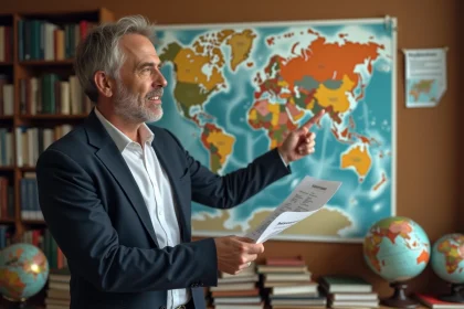Professeur de géopolitique devant une carte du monde dans un bureau universitaire, illustrant l'analyse géopolitique multidisciplinaire