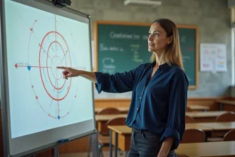 Professeure de physique expliquant le mouvement circulaire au tableau blanc avec des schémas de forces centripètes