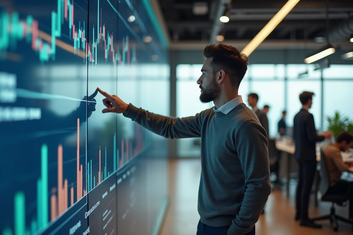 Jeune professionnel en finance présentant des graphiques d'allocation d'actifs dans un open space