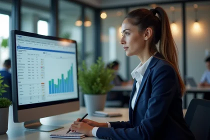 Professionnelle utilisant un logiciel CRM sur écran d'ordinateur dans un bureau moderne