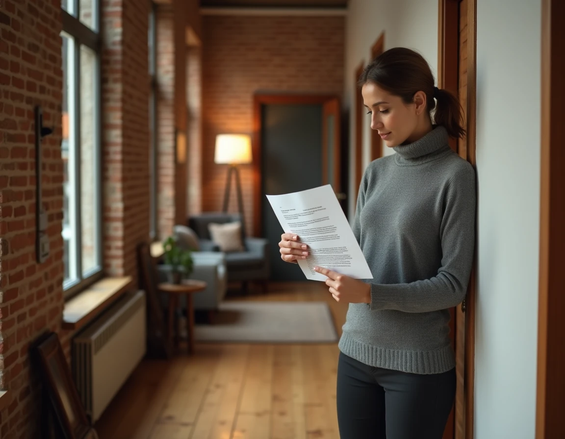 Propriétaire consultant un bail locatif dans le couloir d'un appartement occupé mis en vente