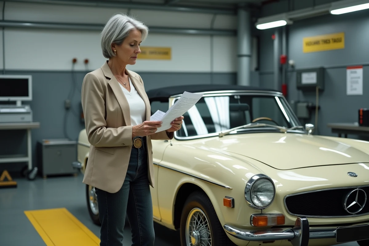 Propriétaire d'une voiture de collection consultant les documents de contrôle technique dans un centre d'inspection agréé