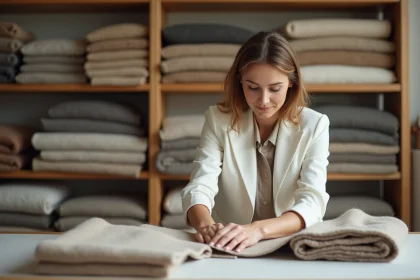 Femme experte examinant la qualité d'un tissu en laine dans un studio de textiles