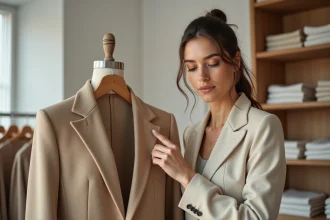 Femme examinant la qualité d'un blazer en laine dans une boutique de vêtements haut de gamme