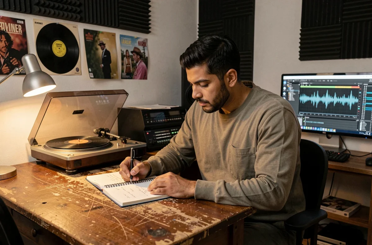 Rappeur Latino écrivant des paroles dans son home studio illustrant le travail d'introspection et d'ego trip dans la création musicale hip-hop