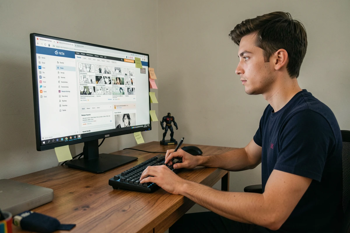 Homme cherchant des séries manga sur un grand écran d'ordinateur avec filtres de recherche visibles dans un bureau à domicile
