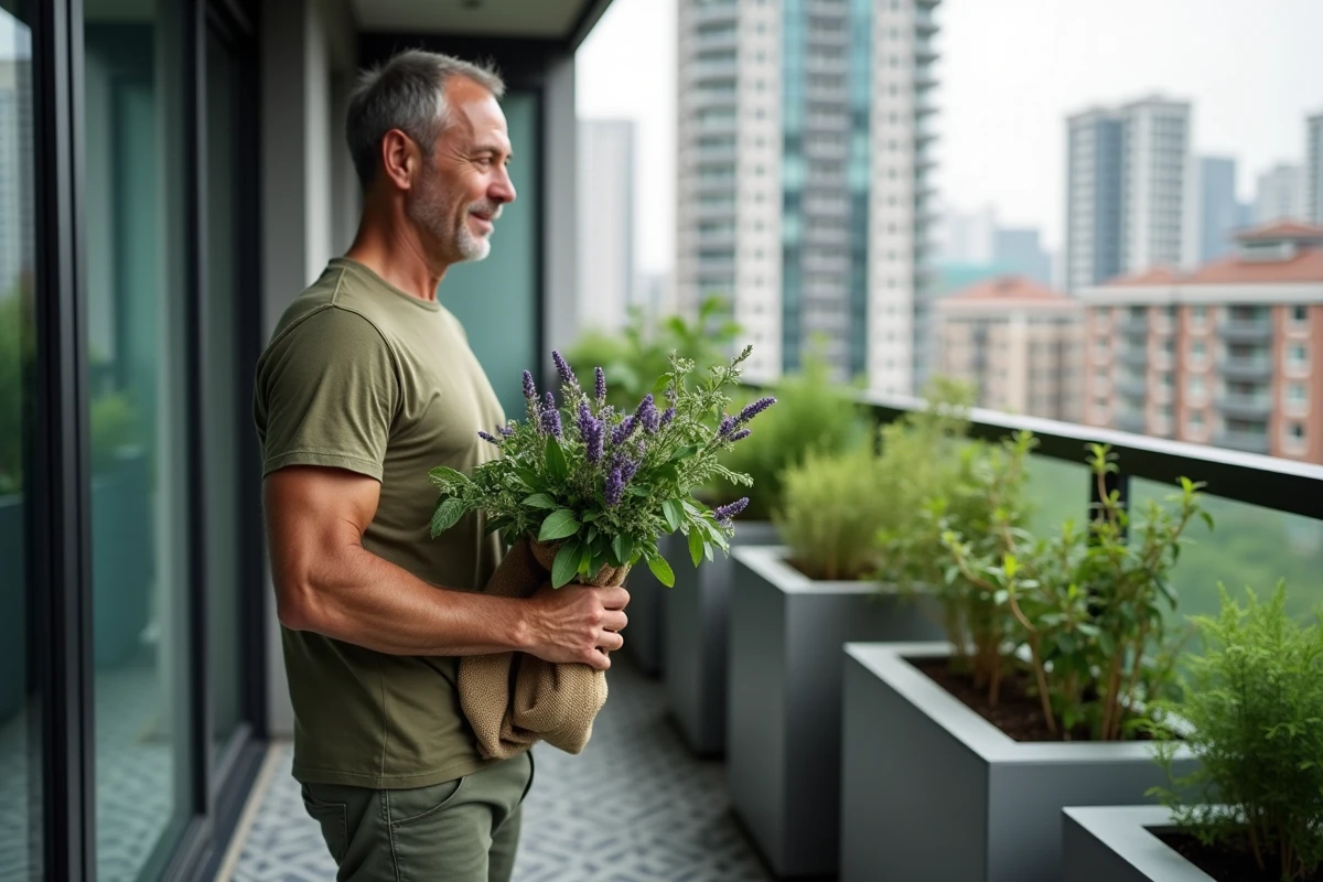 Homme tenant un bouquet d'herbes fraîches récoltées dont la lavande, la sauge et la mélisse sur un balcon d'appartement moderne avec des jardinières en céramique