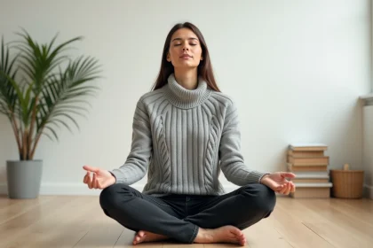 Femme pratiquant la pleine conscience chez elle, illustrant la résilience personnelle et la maîtrise de soi