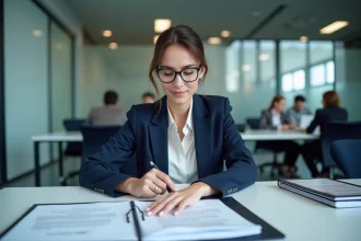 Responsable qualité examinant des documents de certification ISO 9001 et ISO 22000 dans un bureau moderne