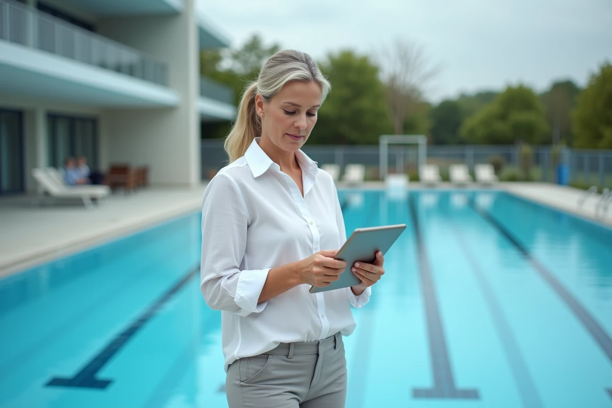 Responsable réglementaire vérifiant les normes de remplissage d'une piscine municipale avec une tablette numérique