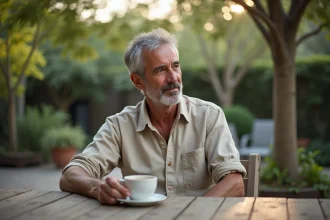 Homme de 55 ans assis sur une terrasse en bois, regardant sereinement son jardin, symbolisant la retraite anticipée et la liberté financière