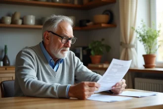 Un homme retraité examine attentivement un certificat d'immatriculation (carte grise) à la table de sa cuisine, illustrant les conditions d'âge pour bénéficier d'une carte grise gratuite.