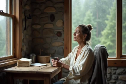 Femme en retraite de solitude dans un chalet de montagne, assise seule avec une tasse de thé près d'une fenêtre brumeuse