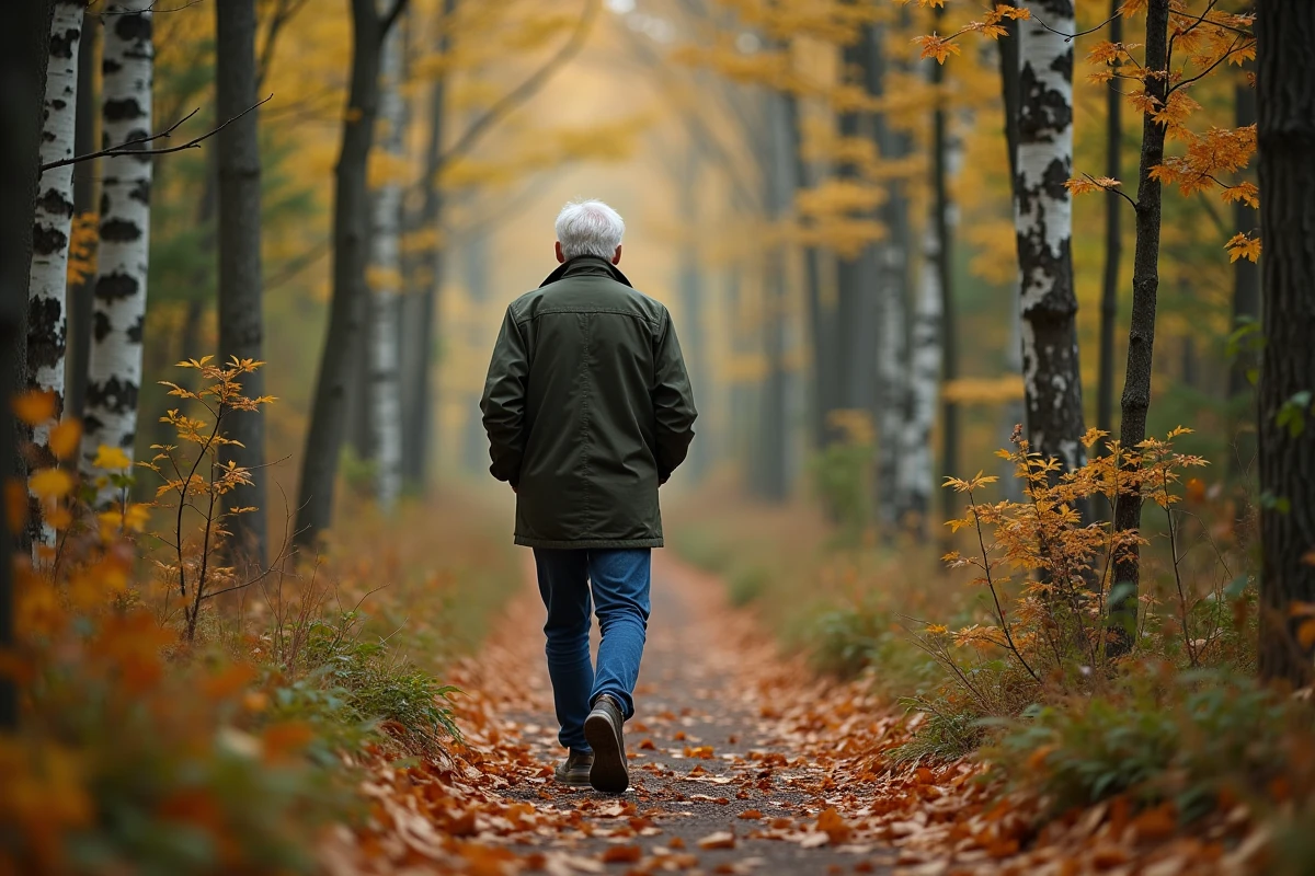 Homme seul en marche méditative dans une forêt automnale lors d'une retraite de solitude en pleine nature