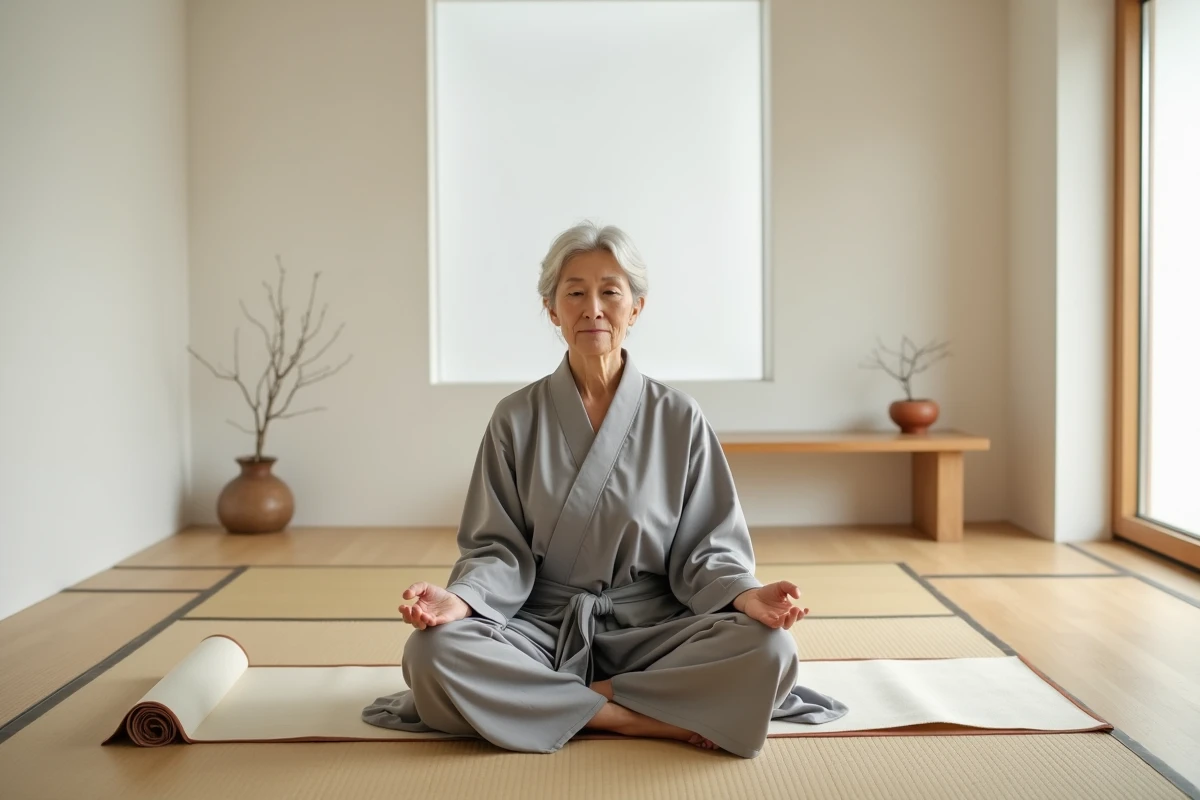 Femme en méditation solitaire dans une salle de retraite minimaliste d'inspiration japonaise, posture de calme et d'introspection