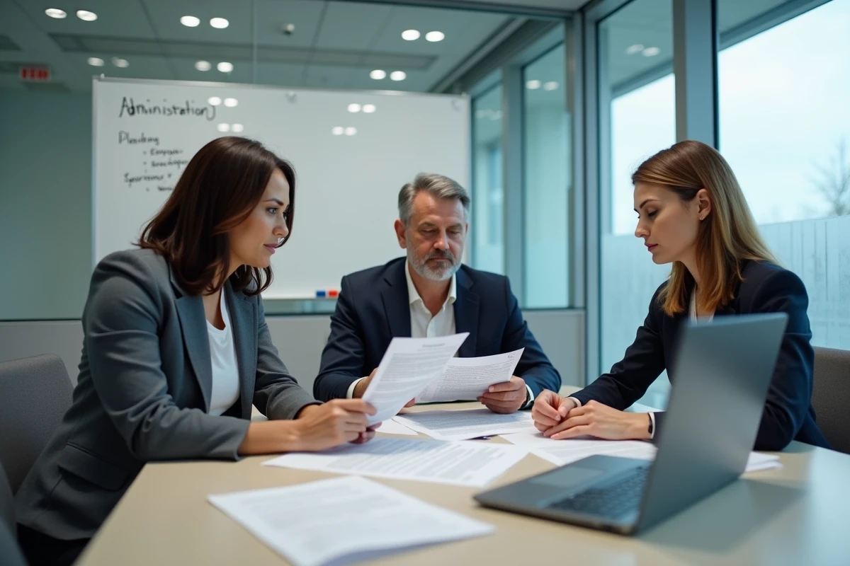 Professionnels de la protection de l'enfance réunis en réunion autour de documents législatifs