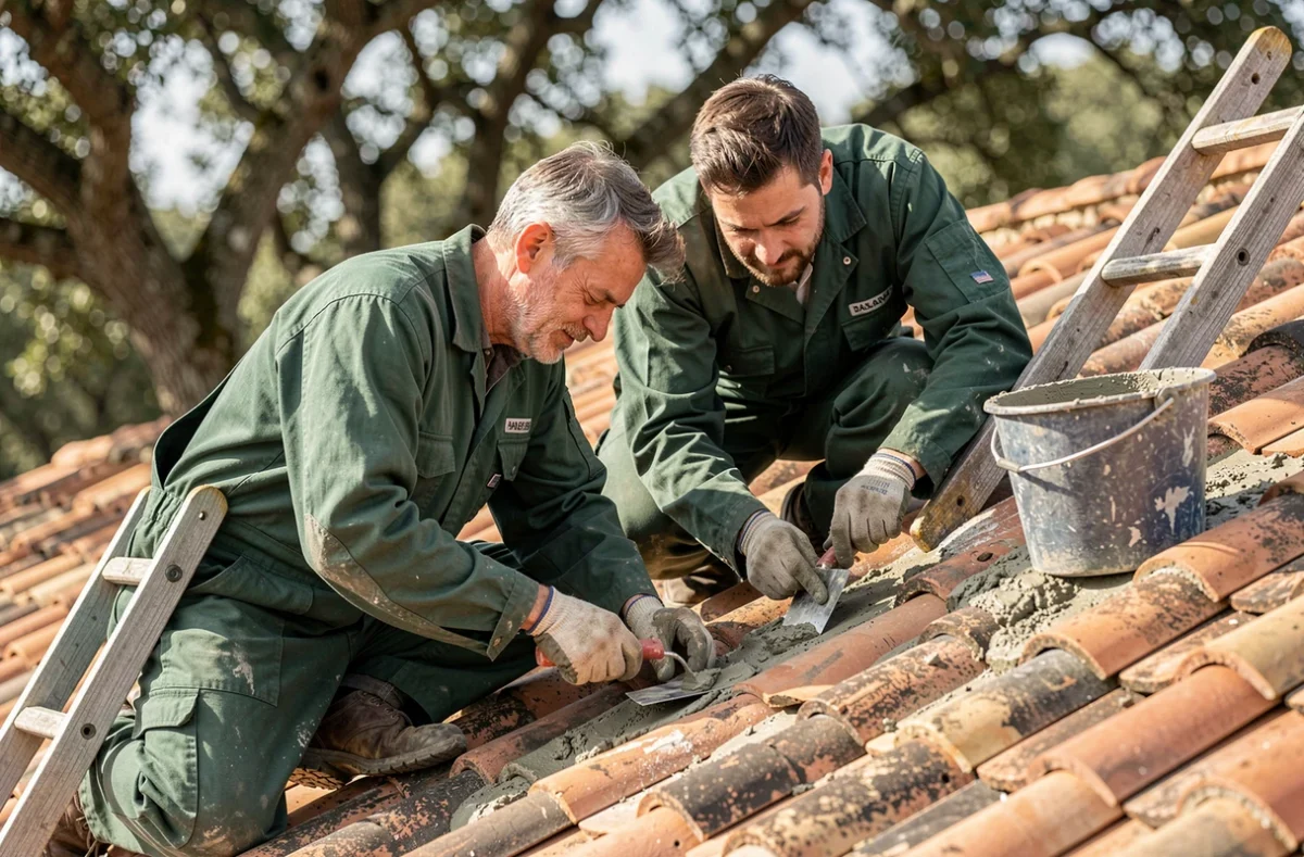 RM Construction et Fils, père et fils couvreurs, rejointoyant les faîtières d'une ferme provençale dans la Drôme