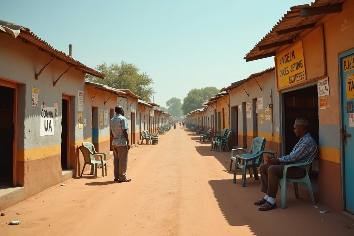Rue commerciale animée d'une ville d'Afrique subsaharienne avec des devantures de magasins bon marché et des habitants locaux, représentant les pays les moins chers du monde pour voyager