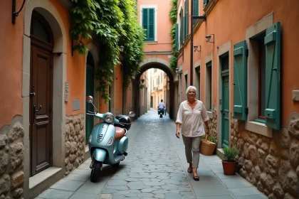 Ruelle pavée d'une ville italienne historique avec façades en pierre ocre et volets en bois colorés