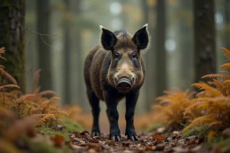 Sanglier sauvage en lisière de forêt européenne, regardant l'objectif avec une posture alerte et un pelage réaliste couvert de boue