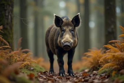 Sanglier sauvage en lisière de forêt européenne, regardant l'objectif avec une posture alerte et un pelage réaliste couvert de boue