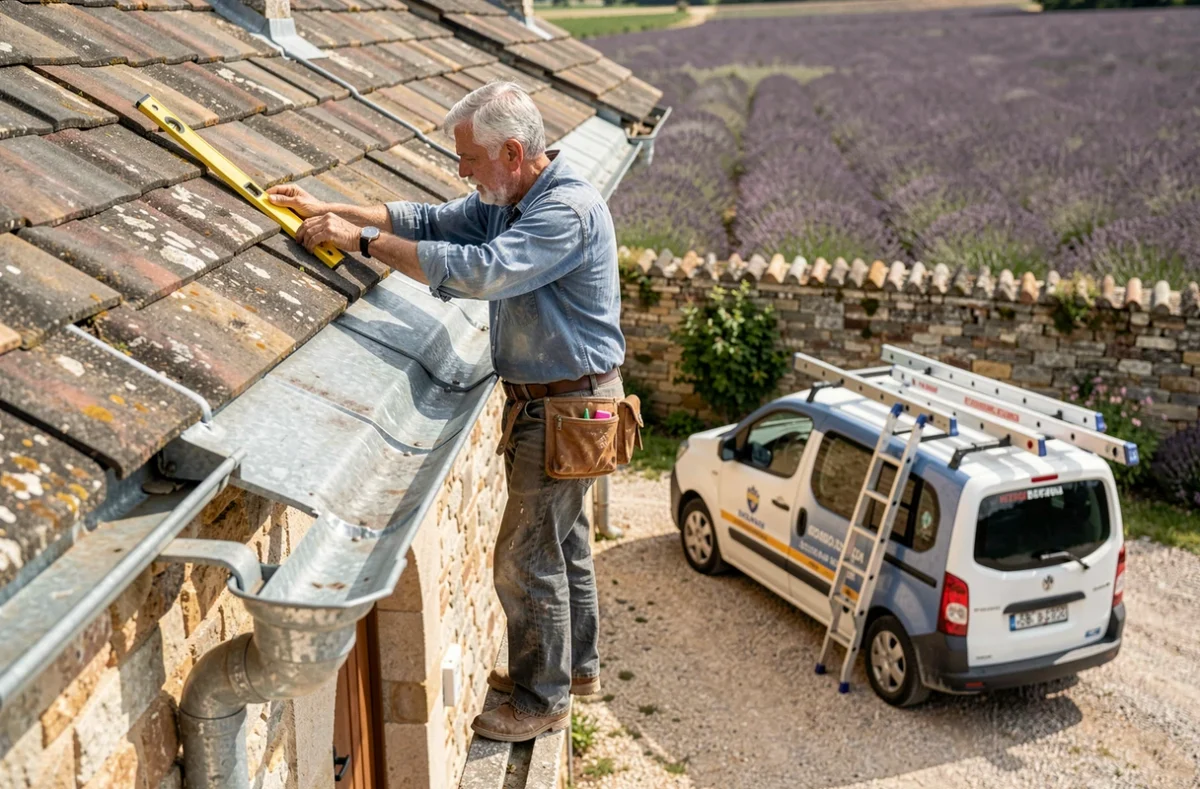 Artisan de SARL Denis Rivière vérifiant la pose de gouttières en zinc sur une ferme traditionnelle dans la Drôme