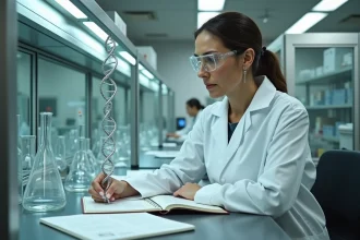 Scientifique femme examinant un modèle moléculaire d'ADN dans un laboratoire de recherche moderne, illustrant les grandes découvertes scientifiques