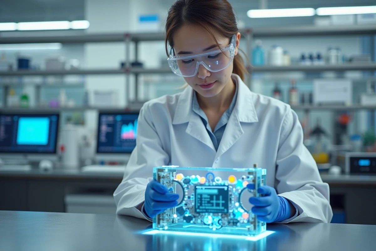 Scientifique analysant une pile à combustible hydrogène dans un laboratoire de recherche énergétique