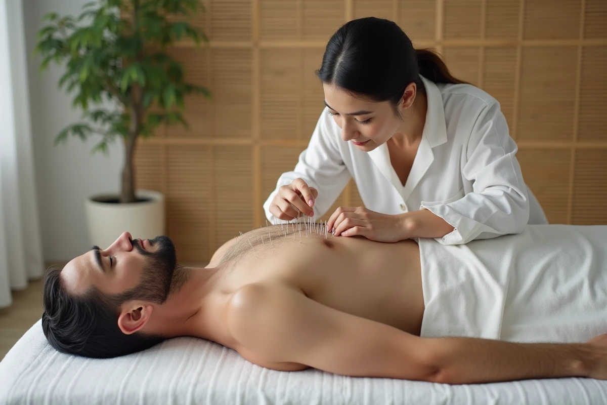 Séance d'acupuncture traditionnelle dans un cabinet de médecine naturelle minimaliste