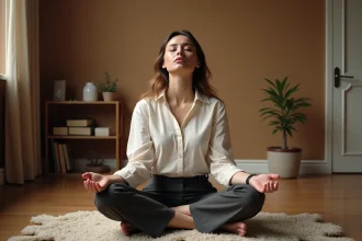 Femme en séance de lâcher prise assise sur le sol d'un cabinet de thérapeute, les yeux fermés et les mains ouvertes en signe de détente