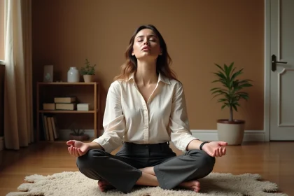 Femme en séance de lâcher prise assise sur le sol d'un cabinet de thérapeute, les yeux fermés et les mains ouvertes en signe de détente