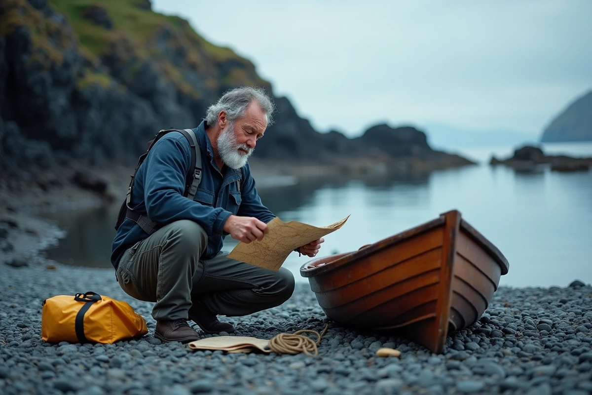 Homme préparant une expédition en kayak sur une côte rocheuse avec une carte, illustrant le sens d'aventure comme exploration et découverte