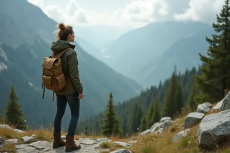 Femme randonneuse au bord d'un sentier de montagne contemplant une vallée brumeuse, symbole d'aventure et de liberté en pleine nature
