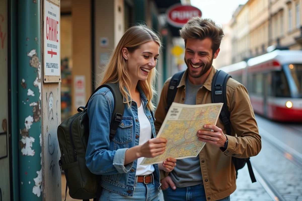 Deux amis voyageurs riant en consultant une carte dans une rue étrangère animée, représentant l'aventure urbaine et l'esprit d'exploration