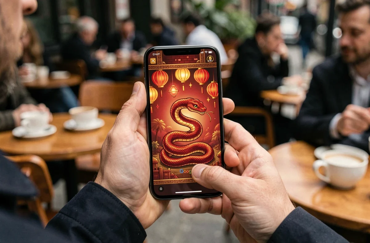 Mains tenant un smartphone affichant le mini-jeu Google Doodle du Nouvel An chinois Année du Serpent