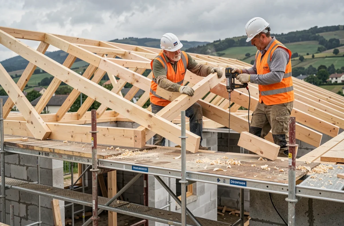 Ouvriers de STB installant une charpente préfabriquée sur un chantier de construction neuve dans la Drôme