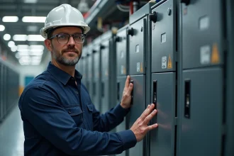 Ingénieur devant des batteries de stockage d'énergie industrielles dans une centrale moderne