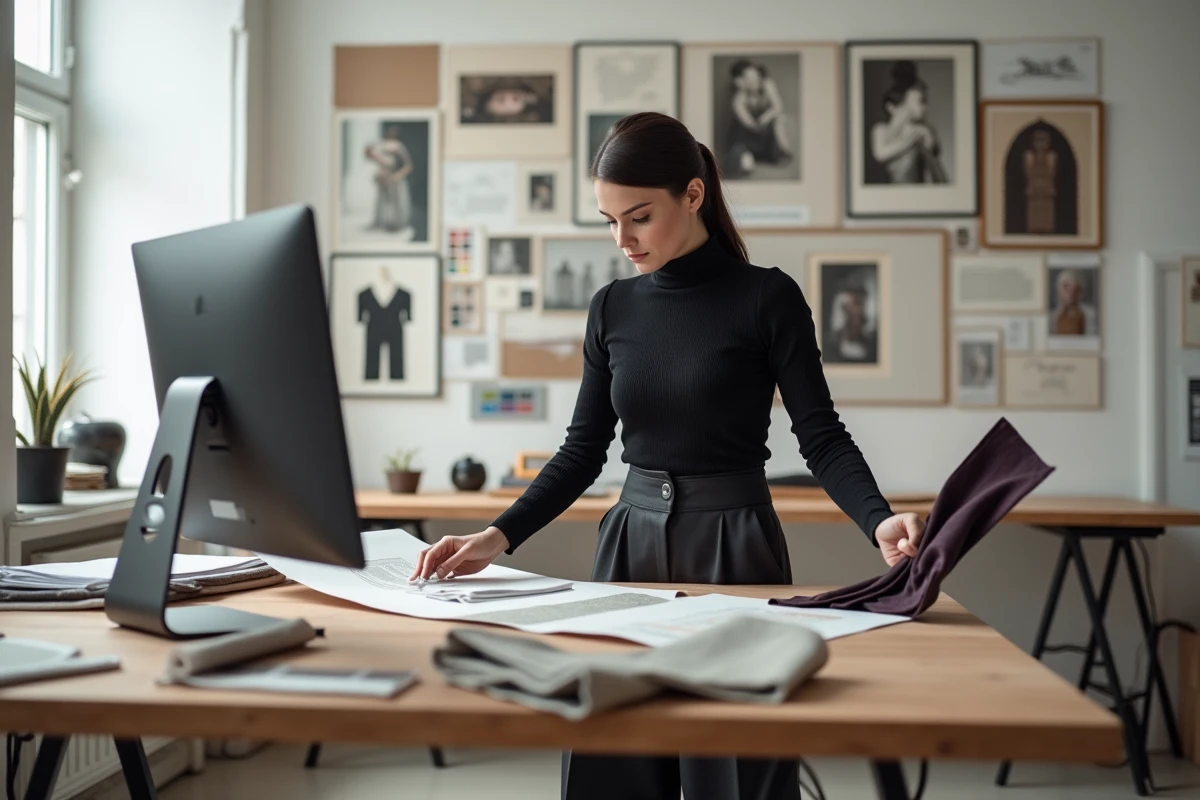 Styliste de mode féminine examinant des échantillons de tissu dans un studio de création contemporain