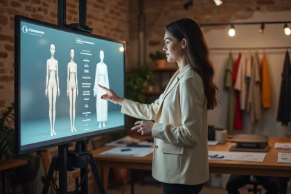 Styliste de mode interagissant avec un logiciel de conception 3D de vêtements dans un atelier numérique moderne